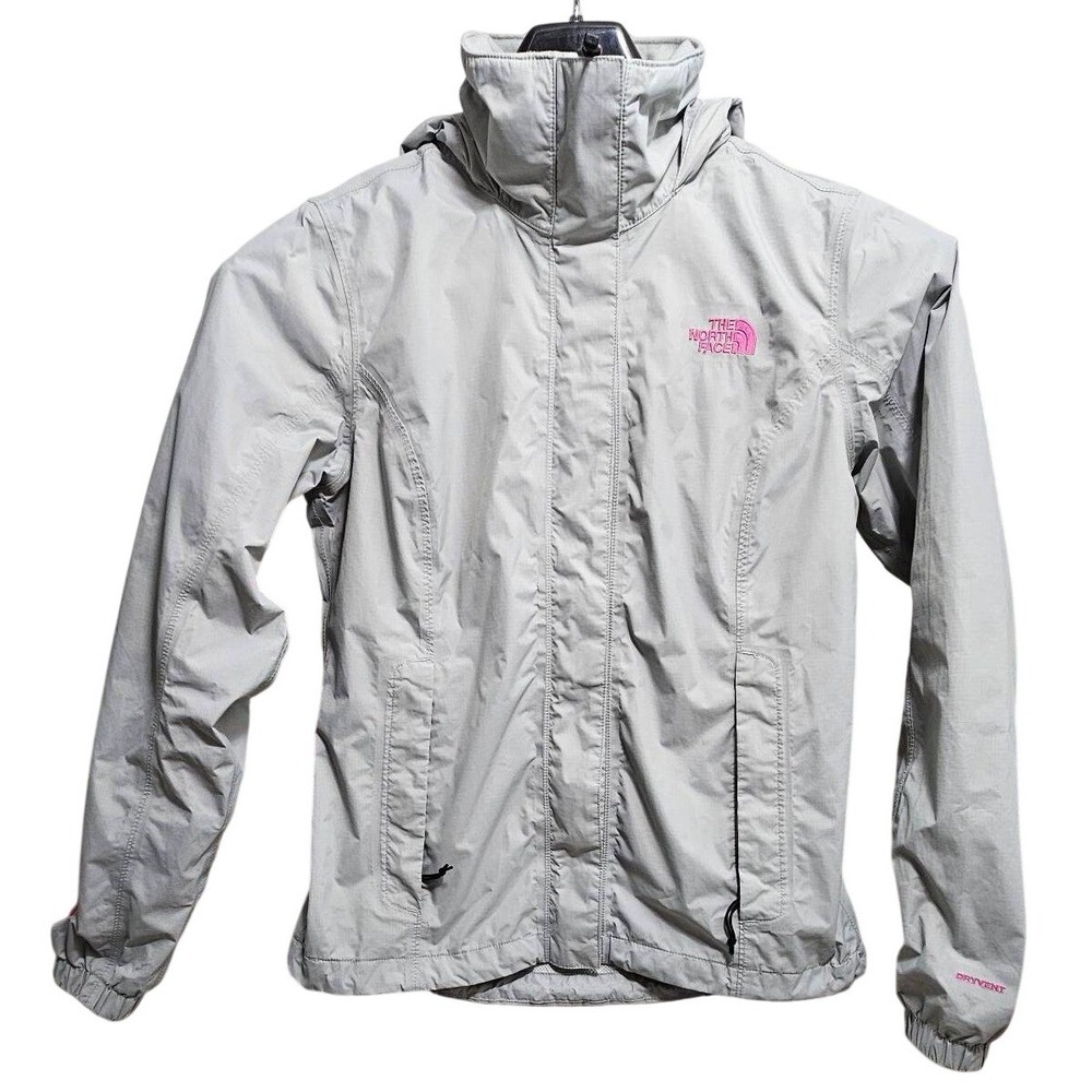 The North‎ Face DryVent Rain Jacket Womens Small Grey Pink Ribbon Hooded A7Q5